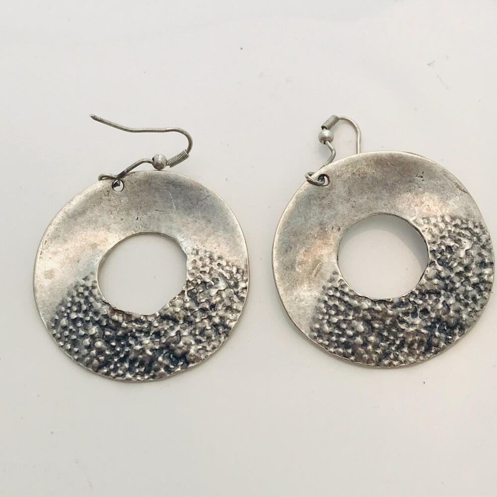Vintage Hammered Silver Tone Circle Hoop Earrings - Modernist Disc Dangles- Boho